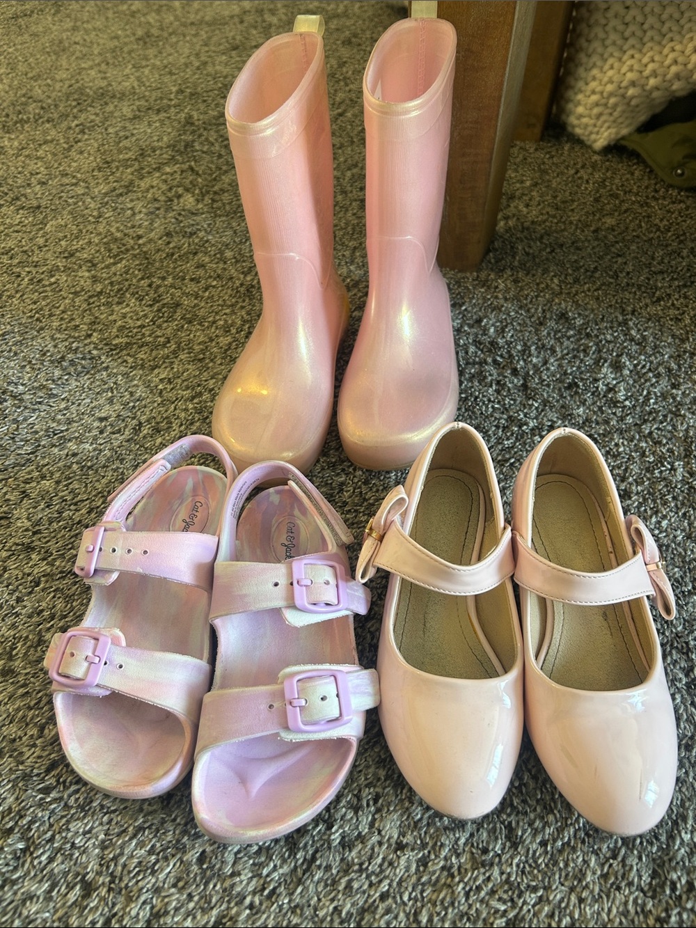 3 pairs girls shoes. Sandals size 11, heels and boots size 12